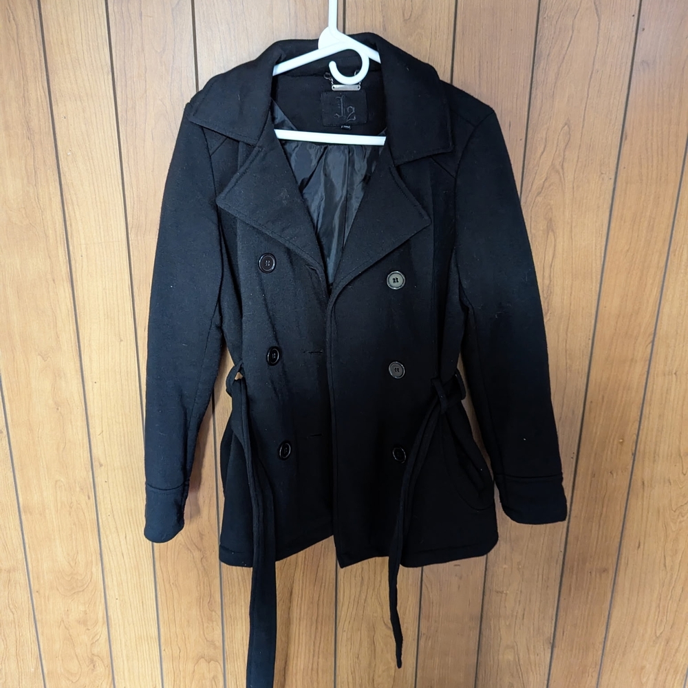 Black Double-Breasted Pea Coat with Belt